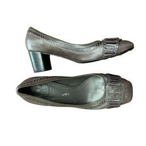 Tory Burch Womens Gray Brown Smoke Odessa Pumps 10M Leather Block Heels Shoes